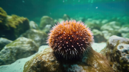 Naklejka na ściany i meble Sea urchin and the coral reef in the sea ocean. Generative AI
