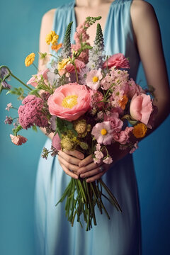 Crop unrecognizable florist in white dress holding bunch of fresh flowers while standing against blue background. Generative AI