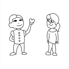 Beautiful hand-drawn vector illustration of a pair of children a boy and a girl isolated on a white background for coloring book. The boy is giving a heart to the girl.