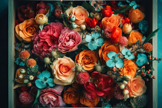 From above bunch of fresh blooming flowers placed in box on blue background. Generative AI