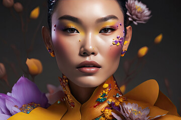 Generative AI illustration of serious young Asian female with bright colorful makeup wearing traditional clothes and accessories looking at camera against flowers