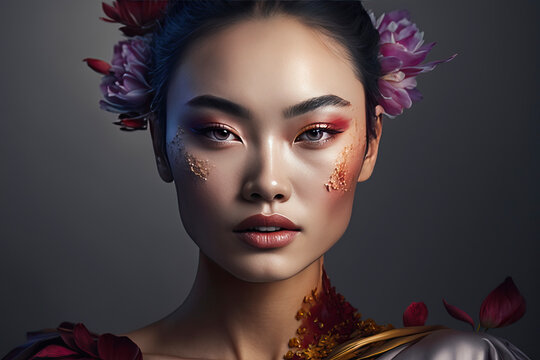Generative AI illustration of charming young Asian female model with yellow makeup and flowers in hair wearing white traditional costume looking away against gray background