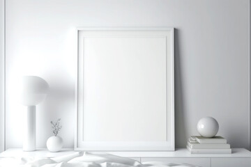 MOCKUP PHOTO FRAME  Bright modern room interior with mock up photo frame, perfect fit for your art, print, or pictures  Modern concept of shelves. Generative AI