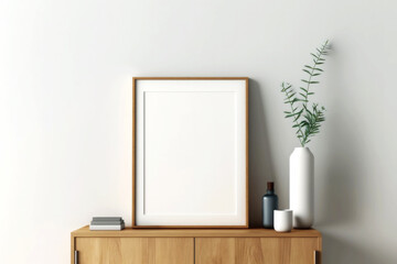 MOCKUP PHOTO FRAME  Bright modern room interior with mock up photo frame, perfect fit for your art, print, or pictures  Modern concept of shelves. Generative AI