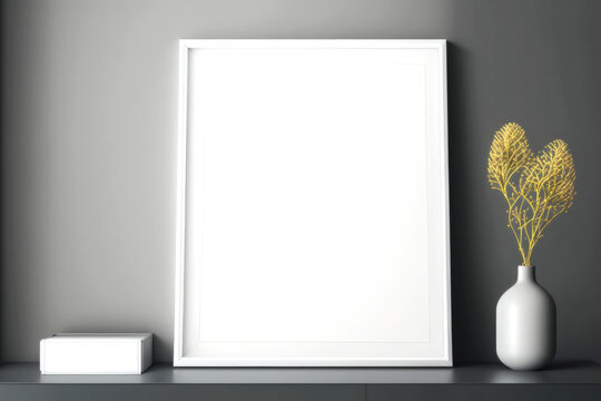 MOCKUP PHOTO FRAME Bright modern room interior with mock up photo frame, perfect fit for your art, print, or pictures Modern concept of shelves. Generative AI © neo