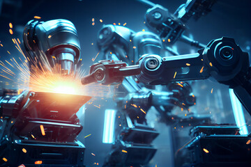 Generative AI illustration of futuristic robot welding metal details with professional equipment in modern dark workshop