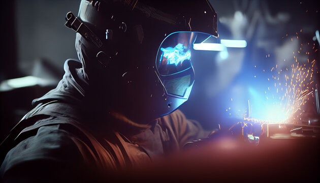 Generative AI illustration of unrecognizable professional metal workers in protective masks and uniform welding details while working in dark factory