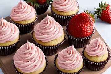 cupcakes with strawberry and frosting, generative art by A.I.