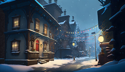 Graphic illustration of an old New Year's Eve town. Generative AI