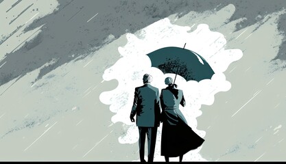 AI-generated illustration of an elderly couple with an umbrella on a rainy, windy day. MidJourney.