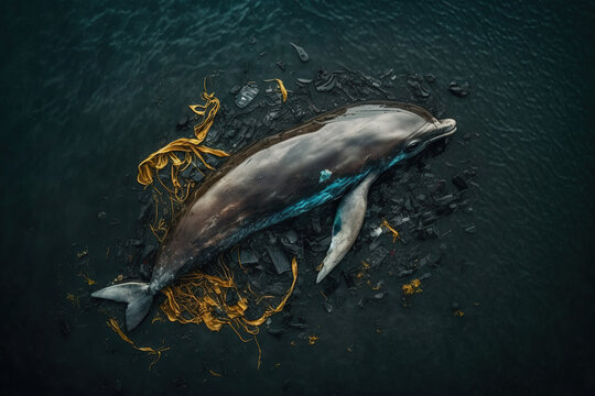 Generative AI illustration of top view of dolphin floating on water surface amidst various trash in polluted ocean