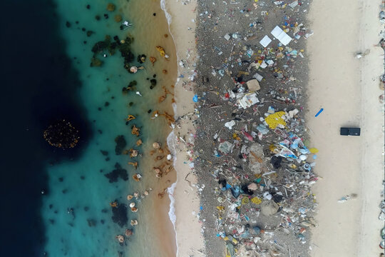 Generative AI illustration of drone view of heap of trash on sandy beach near azure ocean with foamy waves on sunny day