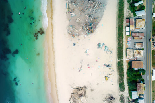 Generative AI illustration of aerial view of typical houses located near polluted sandy beach washed by wavy turquoise sea on sunny day