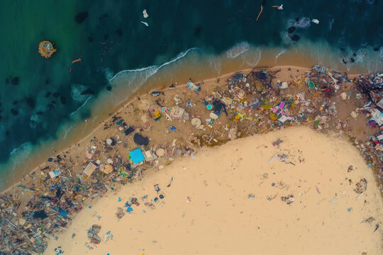 Aerial view of generative AI illustration of heap of trash scattered on sandy beach and floating in azure ocean in daytime
