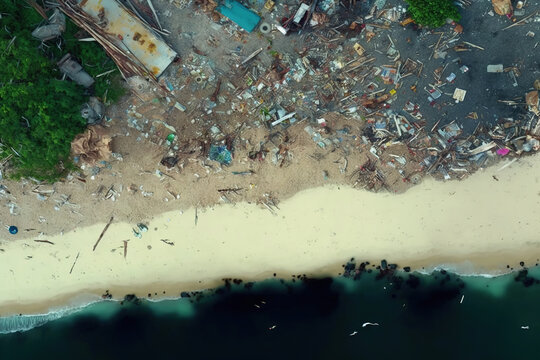 Generative AI illustration of drone view of heap of trash on sandy beach near azure ocean with foamy waves on sunny day