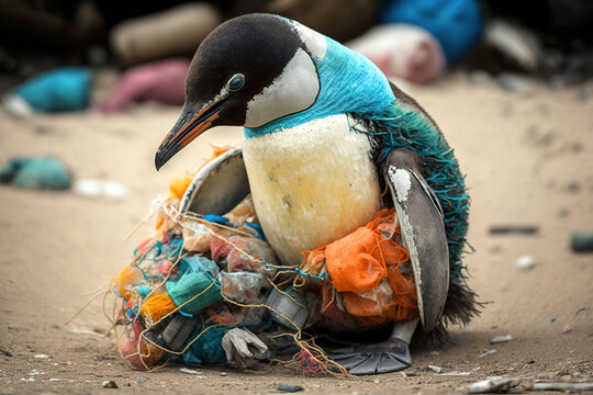 Generative AI illustration of poor penguin in net with various garbage representing concept of environmental pollution