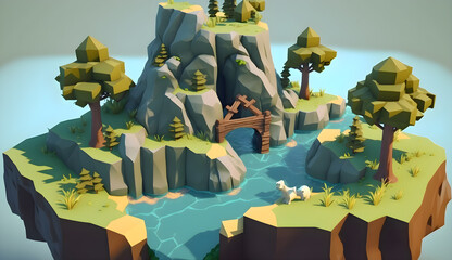 cute little matte low poly isometric Zelda Breath of the wild forest island, generative ai