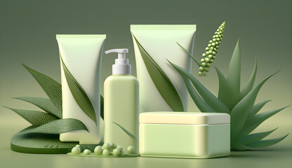 Aloe vera lotion and cream composition with natural plant leaves and plastic packages for cosmetic products, generative ai