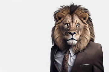 Lion in a suit. White shirt and tie on a white background. A lion. AI generated