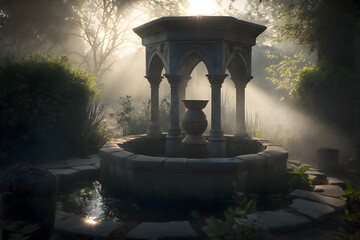 ancient wishing well in the midst of a flourishing garden, generative ai