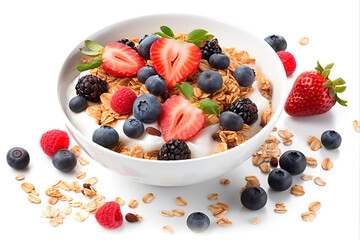 Top view bowl of homemade granola with yogurt and fresh brieers. Generation AI