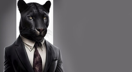 portrait of a black panther in a suit and tie on a gray background. AI generated
