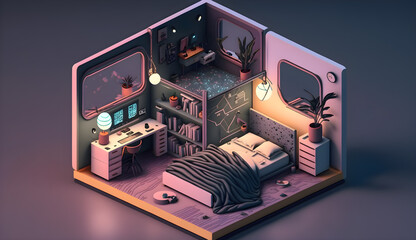 cute isometric cyberpunk bedroom futuristic, generative ai