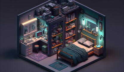 cute isometric cyberpunk bedroom futuristic, generative ai