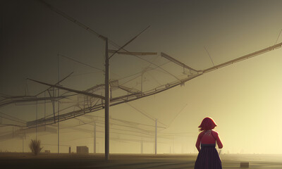 A lonely woman standing near the construction place (Landscape)