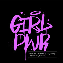 Urban hipster street art. Graffiti tagging of Girl pwr with spray effect. Concept of feminism, women's rights. Ready Internaional women's Day card. Grunge print for graphic tee - Vector artwork.