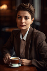 Confident Italian woman wearing an elegant suit drinking a cup of coffee - Ai generative