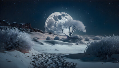 Photo ethereal snowy landscape under starry sky and full moon aigenerated