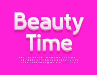 Obraz premium Vector sign Beauty Time. Modern white 3D Font. Stylish Alphabet Letters and Numbers set.