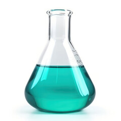 Lab glassware with blue green liquid isolated on white. Laboratory glass flask. Generative AI