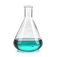 Lab glassware with blue green liquid isolated on white. Laboratory glass flask. Generative AI