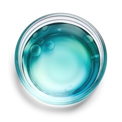 Lab petri dish with blue liquid isolated on white. Laboratory glass cell culture plate, above view. Generative AI