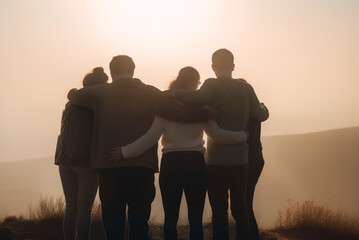 A family united and embracing in a sunset, after the loss of a loved one. Family giving each other support and encouragement after going through difficult times. Generative AI - obrazy, fototapety, plakaty