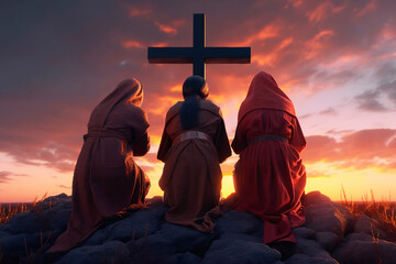 Rear view of three women in robes, kneeling and praying before a wooden cross. Hebrew women praying before the cross of Christ. Generative AI