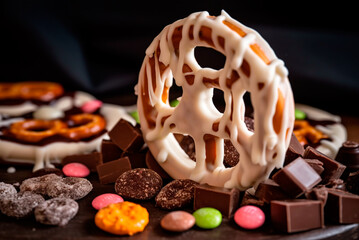 Close-up of a cookie wheel covered with white chocolate and surrounded by sweets and treats..Sugar in the diet of young people. Generative AI