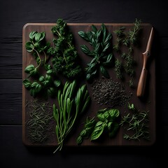 herbs on wooden plate