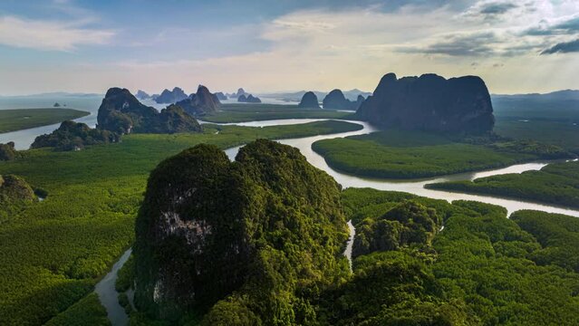 4K Hyperlapse aerial view drone flying over mangrove forest and mountain peak of Phang nga bay, Thailand
