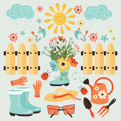 A garden set with tools, spring and summer elements, plants, insects and funny birds. Vector design