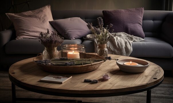 A coffee table, a sofa with a gray bedspread, scented candles and a bouquet of dried lavender, generative AI
