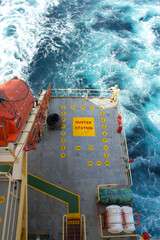 Muster station onboard a merchant ship at sea