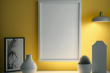 blank frame white image on yellow wall, decor on table, plant, light inside