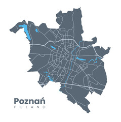 Urban Poznań map. Detailed map of Poznan, Poland. City poster with streets and Warta River. Dark fill version. - obrazy, fototapety, plakaty