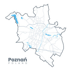 Urban Poznań map. Detailed map of Poznan, Poland. City poster with streets and Warta River. Light stroke version. - obrazy, fototapety, plakaty