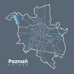 Urban Poznań map. Map of Poznan, Poland borders. City poster with streets and Warta River. Light stroke version on dark background. - obrazy, fototapety, plakaty