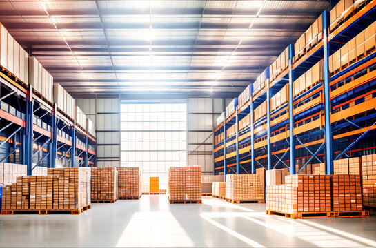 A large, spacious, modern warehouse with panoramic windows and sunlight. Generative AI.