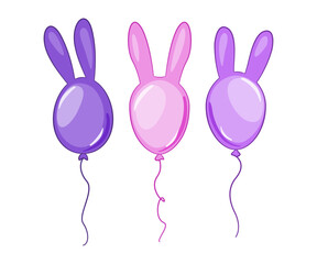 Kolorowe baloniki z króliczymi uszami. Wielkanocna dekoracja. Trzy balony - fioletowe i różowe. Balon - królik. Wektorowa ilustracja. - obrazy, fototapety, plakaty